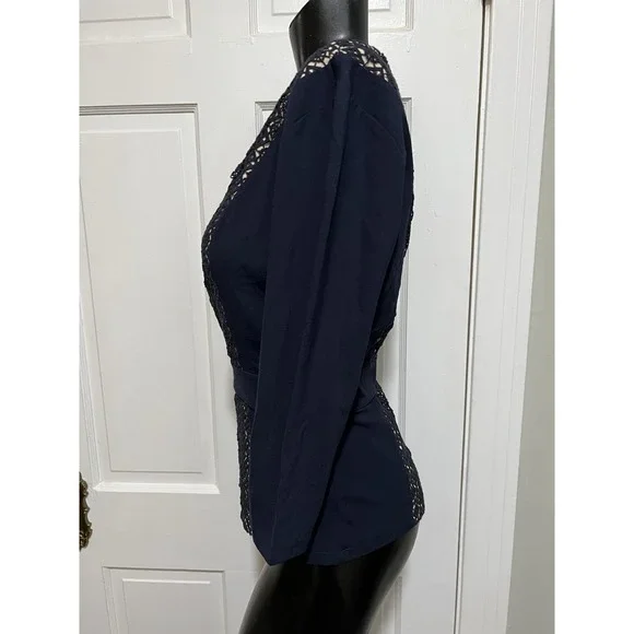 Navy Blue Ann Taylor 3/4 Length Sleeve Lace Shirt Size Small - Picture 3 of 5